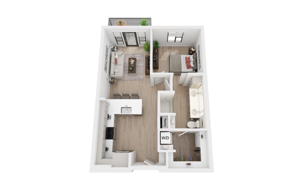 1B - 1 bedroom floorplan layout with 1 bath and 658 to 705 square feet.