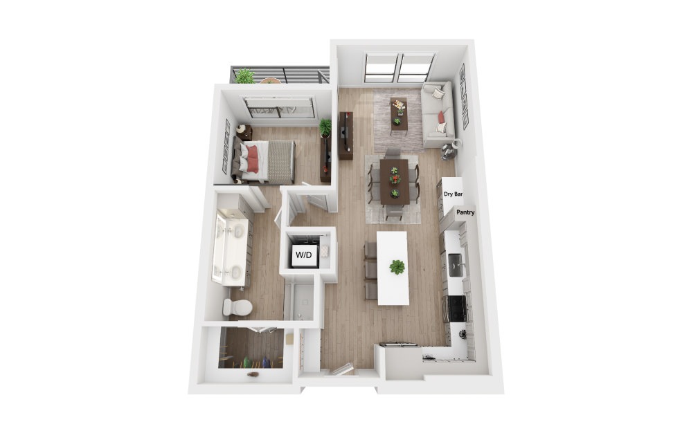 1D - 1 bedroom floorplan layout with 1 bath and 769 square feet.