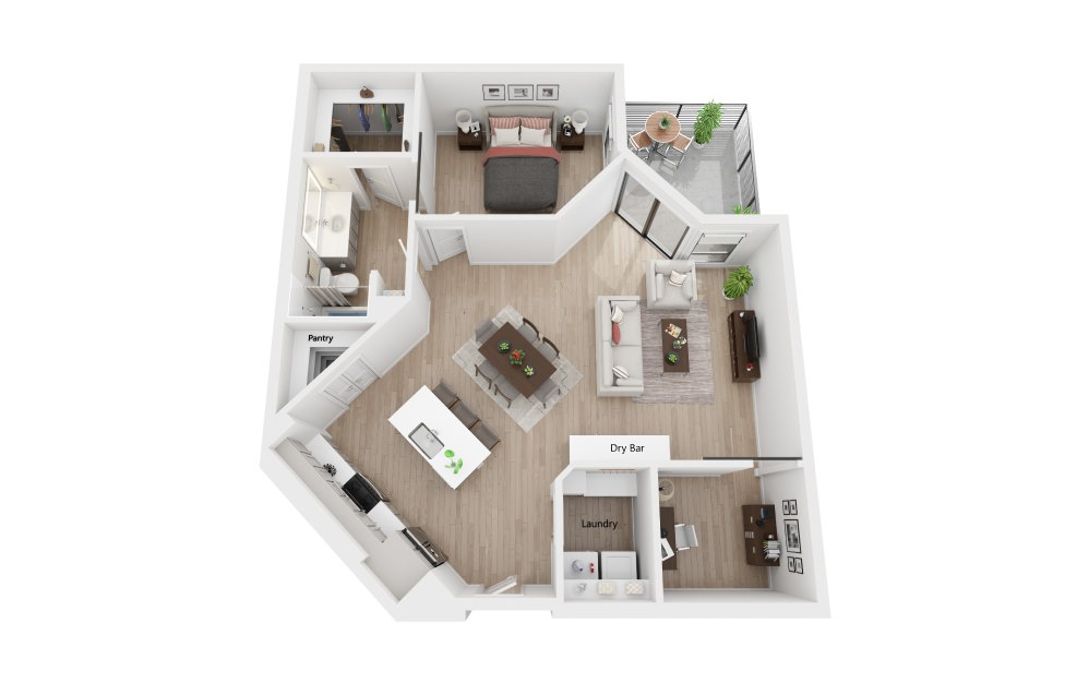 1E - 1 bedroom floorplan layout with 1 bath and 1047 to 1078 square feet.
