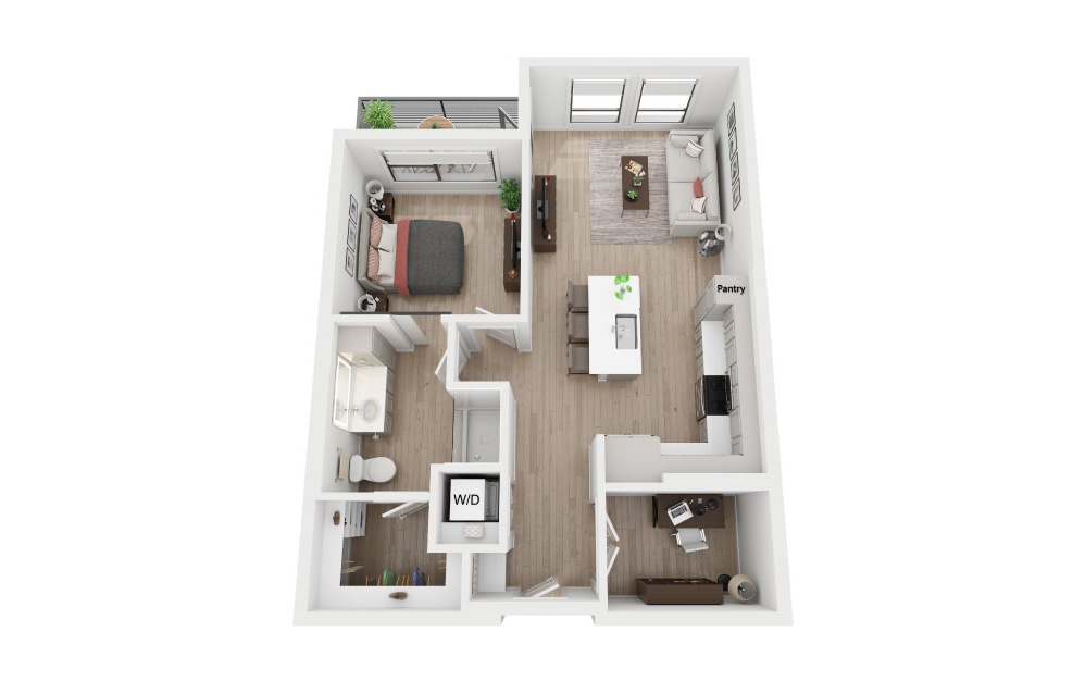 1F - 1 bedroom floorplan layout with 1 bath and 755 square feet.