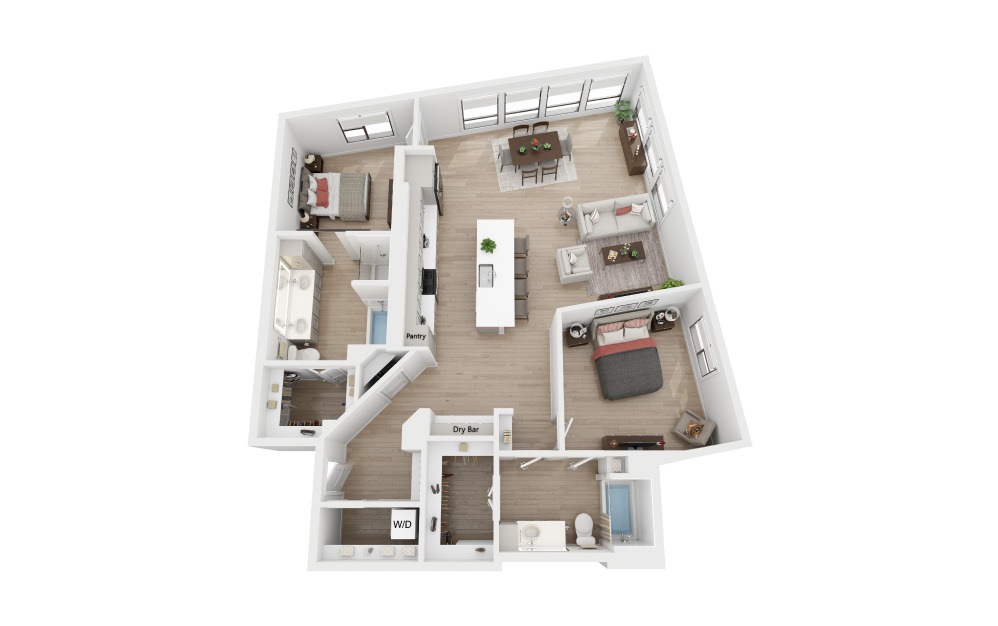 2B - 2 bedroom floorplan layout with 2 baths and 1458 square feet.