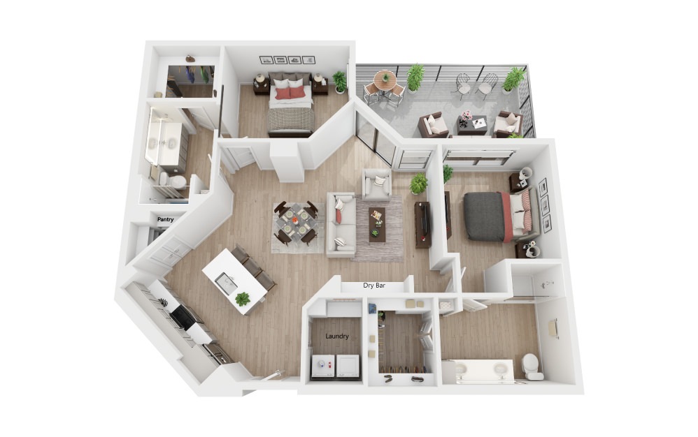 2D - 2 bedroom floorplan layout with 2 baths and 1280 to 1325 square feet.