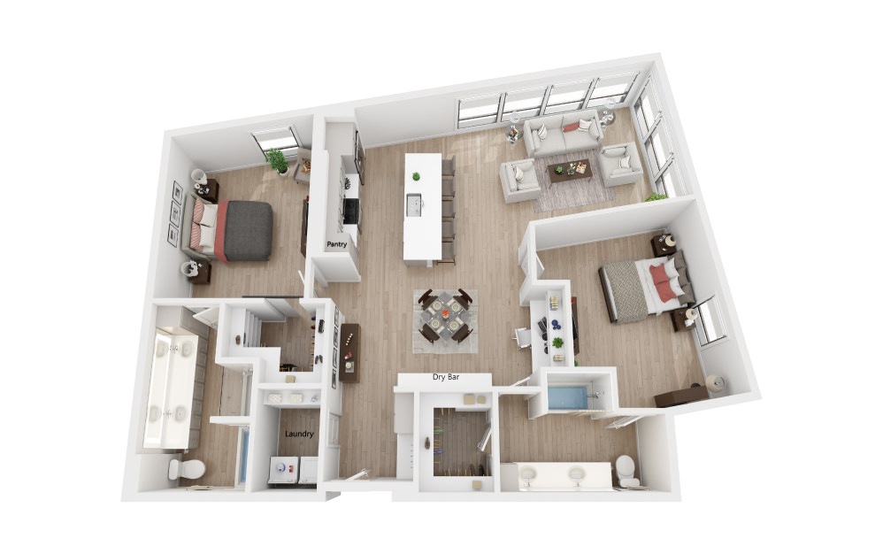 2E - 2 bedroom floorplan layout with 2 baths and 1527 square feet.
