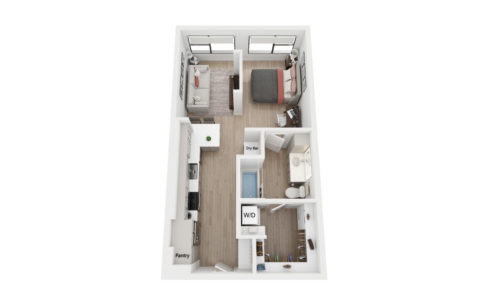 SA - Studio floorplan layout with 1 bath and 568 to 604 square feet.